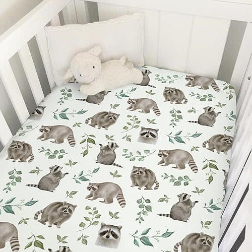 Baby Crib Sheets 52''x28'' Green Leaves Watercolor Raccoon Raccoon Boho Retro Leaf