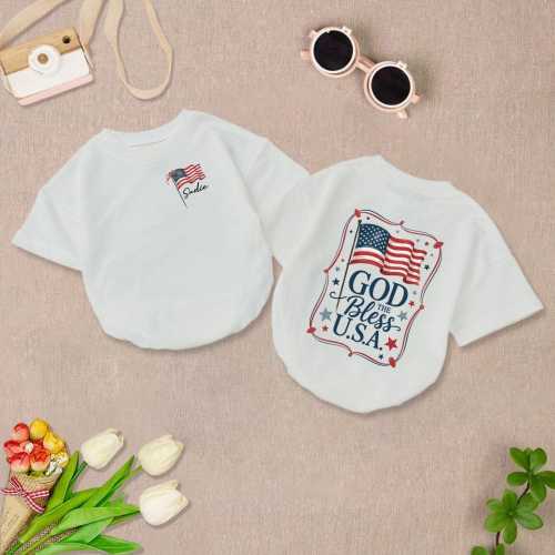 Personalized Coquette Bow 4Th Of July Romper Short Sleeves, Patriotic Flag Bow Bodysuit, Usa Flag Baby Romper, Independence Day Gift