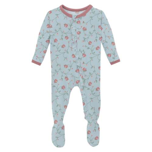 Print Layette Ruffle Footie with 2 Way Zipper in Spring Sky Floral Vines