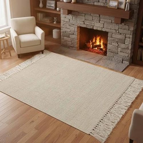 Living Room Area Rug 4'x 6', Cream Beige Washable Large Carpet with Tassels, Rustic Farmhouse Solid Color Farmhouse Low-Profile Carpet Mat for Bedroom, Kitchen, Home Decor