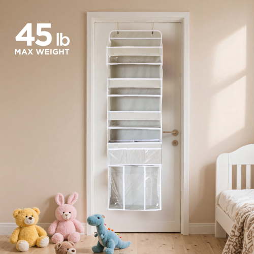 Babyomi Over the Door Organizer with 5-Tier 19-Pocket and 1 Move Pocket, Mental Hooks Hanging Storage Hanging Storage for Baby Nursery Bathroom, Gray