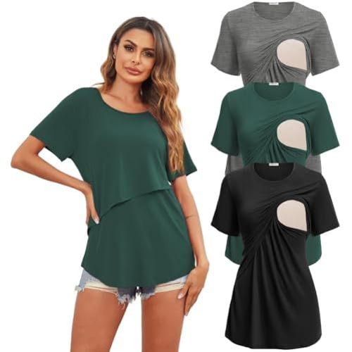 Ekouaer Women's Maternity Shirts Short Sleeves Nursing Tops 3 Pack Double Laye Breastfeeding Tees Pregnancy Clothes S-XXL