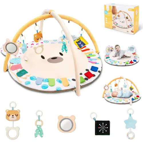 Baby Play Gym, Thickened and Non Slip Activity Mat, 5 Developmental Zones Tummy Time Mat with 5 Detachable Sensory Toys for Motor Skills, Baby Essentials Shower Gift Box(Bear)
