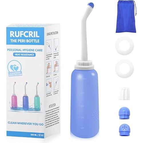 Peri Bottle Postpartum, RUFCRIL 500ml Portable Bidet, Upside Down Perineal Wash Bottle, Boilable TPE, Travel Bag, for Perineal Care, Hemorrhoid Care, Feminine Cleansing & Baby (Blue)