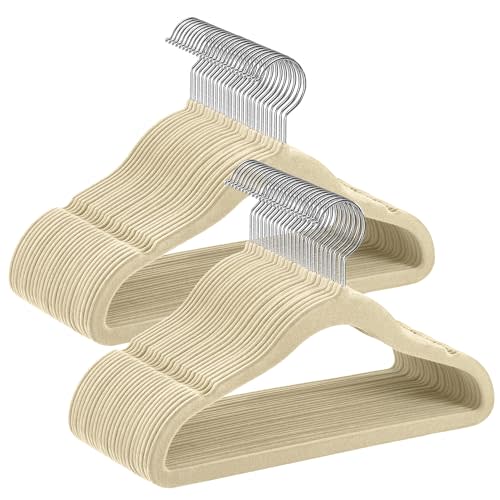 SONGMICS Baby Kids Hangers 50 Pack for Closet, 11.8 x 8.1 Inches, Silver 360° Swivel Hooks, Space-Saving Clothes Velvet Hangers for Nursery, Non-Slip, Summer Sand UCRF027K05