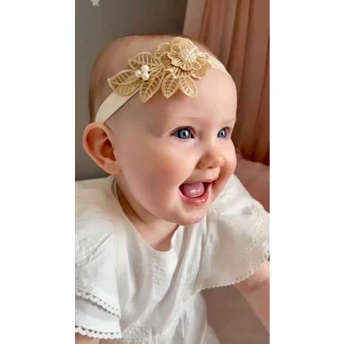 Gold Lace Flower Baby Headband – Pearl Christening Hair Accessory