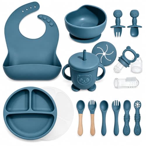 Silicone Baby Feeding Utensils Set for 6+ Months, 17 Pcs, Blue | Baby Led Weaning Supplies with Suction Plates & Bowls, Adjustable Bib, Spoon & Fork, Sippy Cup, Fruit Feeder, Finger Brush