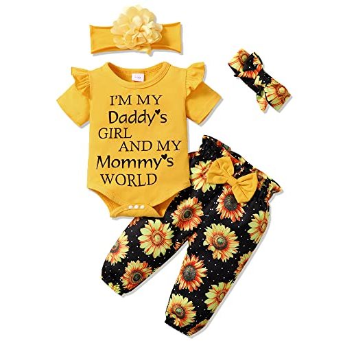 SUNNY PIGGY Newborn Infant Baby Girl Clothes Outfits Ruffle Romper Floral 4Pcs Pants Sets Toddler Girls Clothing Set