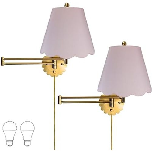 Royal Designs, Inc. Set of 2 Scalloped Swing-Arm Dimmable Wall Lamp - Brushed Satin Brass Lamp with Pink Scallop Hardback Lampshade