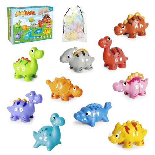 52 PCS Dinosaur Alphabet Learning Toys for Toddlers Kids 3-5, 10 Different Dinosaur Figures, Double Sided ABC Matching Game, Preschool Activities Montessori Fine Motor Toys for Toddlers Kids