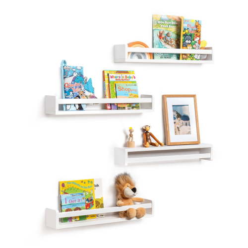 Fun Memories 24" 4Pcs Solid Wood Nursery Wall Display Floating Shelves for Kids Room, Home Decor, White