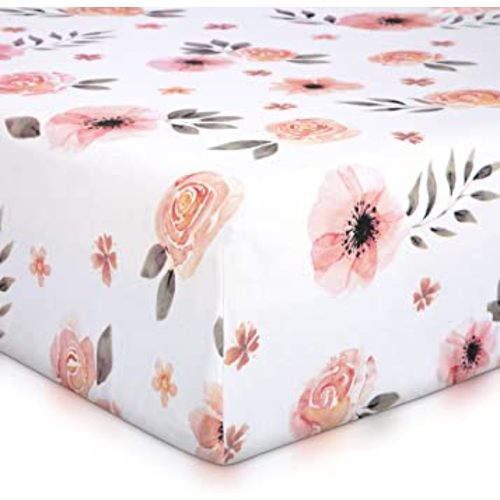 Pink Floral Girl Crib Sheet - 100% Finely Combed Cotton, Breathable, Super Soft Watercolor Rose Baby Girl Crib Sheets, 52' x 28' x 9' Fits Standard Mattress
