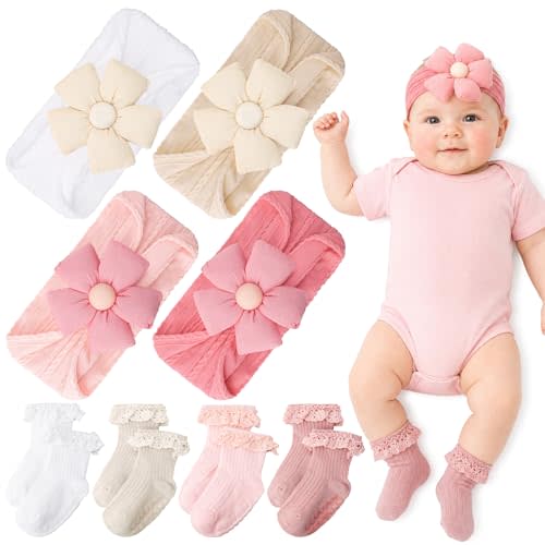 JATEBI Baby Girls Floral Lace Headband Anti Slip Socks Set | Super Elastic Soft Cute Bow Design Suitable For Newborn Infant Toddlers Daily Matching Outfit Ideal Gifts for Mom
