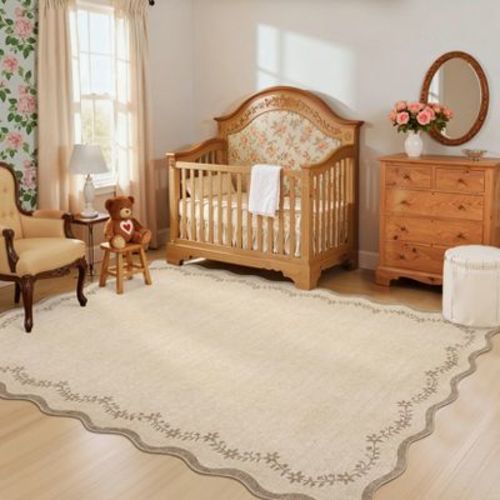 Garvee 8x10 Floral Bordered Area Rug, Soft Scalloped Rug, Washable Non Slip Low Pile Indoor Carpet for Living Room Bedroom