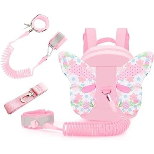 ibestby 3 in 1 Toddler Backpack with Leash Anti Lost Wrist Link and Safe Strap Belt Baby Harness Leash for Walking with Butterfly Wings Suitable for 1~3 Years Girls