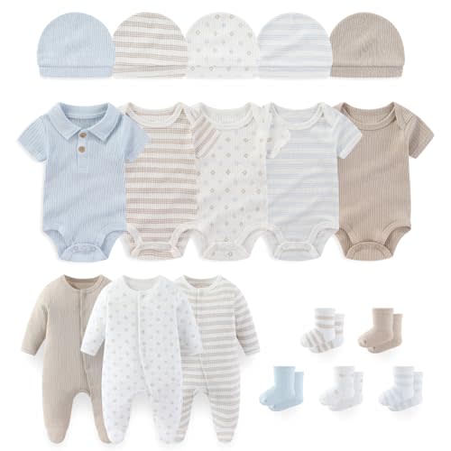 falianni Baby Boy Girl Layette Set 18 Piece Infant Essentials Must Haves Clothes 0-9 Month Rompers+Bodysuits+Hats+Socks
