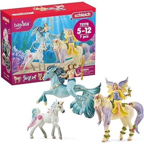 Schleich Bayala - 7 PC Mermaid, Unicorn and Fairy Toy Starter Set for Girls and Boys - Cute Fairies and Unicorn Figures with Accessories - Fantasy Figurine Animal Playset for Kids Ages 5+ - 72178