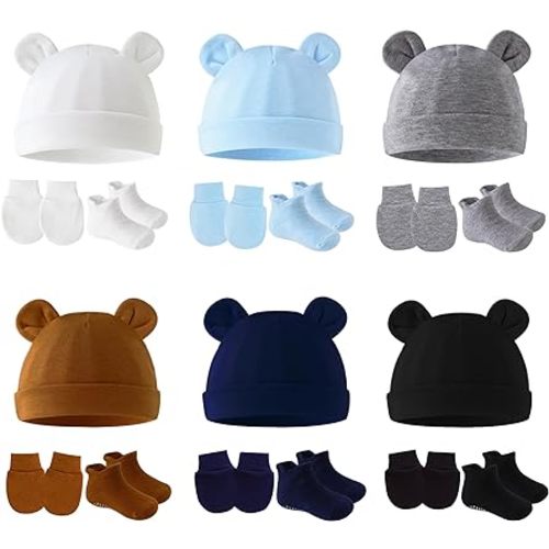 Cotton Ears Baby Hats Mittens with Socks Set Unisex, No Scratch Mittens and Beanie Cap for Infant Toddler Newborn