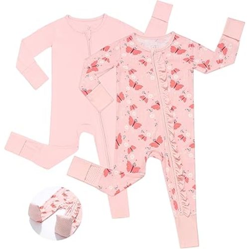 JunNeng Baby Girl Viscose from Bamboo Sleeper with Mitten Cuffs, 2 Way Zipper Romper, Sleep N' Play Pajamas 0-18 Months