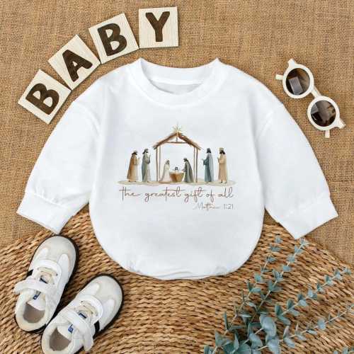 The Greatest Gift Of All Baby Romper, Christian Christmas Baby Romper, Nativity Scene Religious Bodysuit,  Matthew 1:21 Scripture Clothes