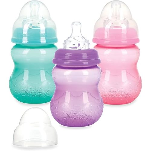 Nuby Wide Neck Non-Drip Bottle - Baby Bottles with Anti-Colic Vari-Flo Valve - (3-Pack) 8 Oz - 0+ Months - Aqua, Pink, Purple