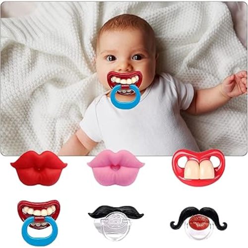 6PCs Funny Pacifier Infant Pacifier Cute Kissable Lips and Gentleman Mustache Teeth Pacifier Soft Silicone Cute Pacifier Design with Kiss Lip for Babies and Toddlers Shower Gift Unisex-BPA Free