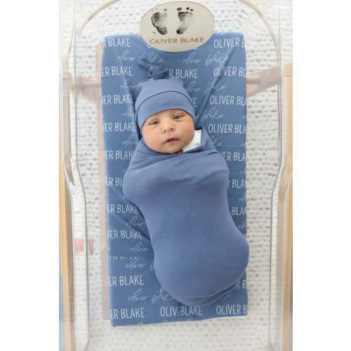 Personalized Steel Blue Baby Name Swaddle Blanket | Block Script