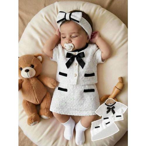 SHEIN 2-Piece Cute Baby Girl Casual And Simple Woven Tweed Top With Faux Pearl Button And Bow Decoration With A Skirt. Baby Girl Knitted Outfits Stylish Newborn Summer Outfit Baby Sailor Navy Outfit Newborn Tuxedo Suit Black And White Baby Girl Outfit | S