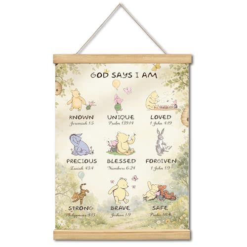 WUAWN God Says I Am Winnie Room Decor, Biblical Affirmations for Kids Wall Art,Winnie Baby Decorations for Nursery,Wooden Hanging Rod Religious Gifts-03