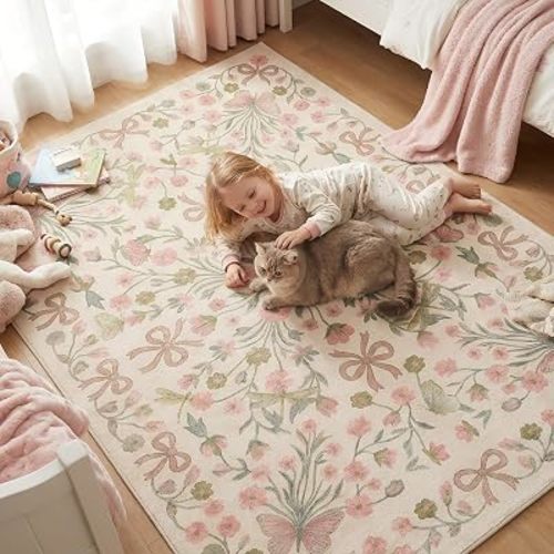 5x7 Pink and Green Floral Butterfly Bow Area Rug for Living Room