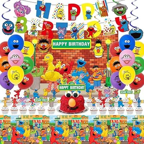 Sesame Friends Street Birthday Party Supplies, Party Decorations Set Include Banner, Backdrop, Balloons, Hanging Swirls, Cake Cupcake Toppers, Tablecloth for Boys Girls Sesame Theme Party