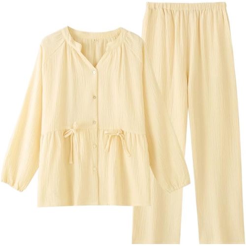 Womens Cotton Pajama Sets Muslin Pj Set V Neck Button Down Shirt and Pants Sleepwear 2 Piece Cute Pj Set
