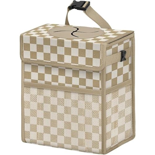 Corduroy Car Trash Can with Lid and Mesh Pockets - Leakproof Organizer,Multipurpose Waterproof Garbage Can/Trash Bin for Car(White Base with Khaki-2 Gallons)