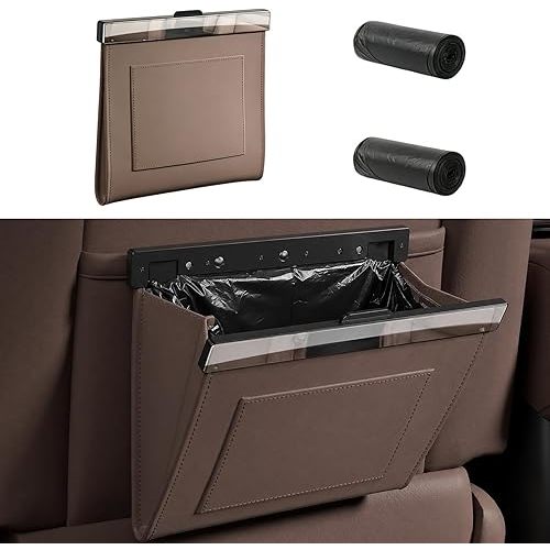 Premium Leather Car Trash Can, Slim Odor-Proof Hanging Garbage Bag with Magnetic Closure, Waterproof Auto Car Seat Organizer (Includes 2 Rolls of Bags) (Brown)
