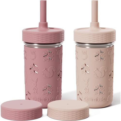 Fimibuke Toddler Cups Spill Proof, 12 OZ Sippy Cups for Kid Girl Boy, Stainless Steel Tumbler with Lid, Removable Silicone Straw & Sleeve, BPA Free Dishwasher Safe Water Bottle Snack Container 2 Pack