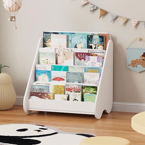 Lkeiyay Kids Bookshelf - 4-Tier White Wooden Book Storage Organizer for Toddlers, Space-Saving Children’s Book Rack for Kids Room/Nursery, Easy-Access Picture Book Display Shelf