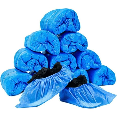 AUDeals 100 Pack Disposable Shoe Covers, Waterproof and Non-Slip Boot Protectors for Indoors, Construction, Cleaning, and Carpet Protection, Fits Most Shoe Sizes, Blue Color
