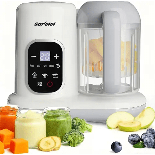 Sunvivi Baby Food Maker: All-in-one Baby Food Processor with Steam, Heating, Unfreeze, Blender, Electric Blender and Food Processor Combo with Self Clean LCD Display, Baby Food Steamer Grinder White