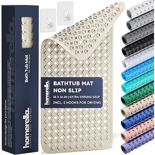 homerella® Bathtub Mat Non Slip 35x16, Incl. Hooks for Drying, Extra Long, 100% BPA Free, Shower Mat Non Slip Anti Mold, Machine Washable, Shower Mats for Inside Shower Mildew Resistant