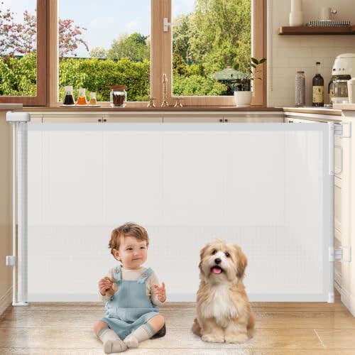 Retractable Baby Gates for Doorway, 58" Wide Mesh Dog Gate for Stair | 34" Tall Toddler Pet Gate Extra Wide Indoor and Outdoor, Easy Install, Essential for Home Safety, White