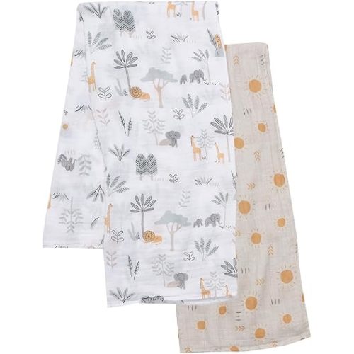Lambs & Ivy Jungle Adventure 2-Pack Cotton Muslin Newborn Baby Swaddle Blankets