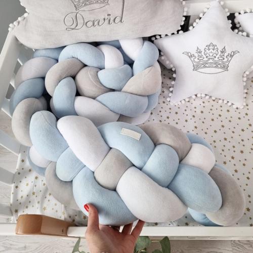 Double braided crib bumper blue white 20 cm