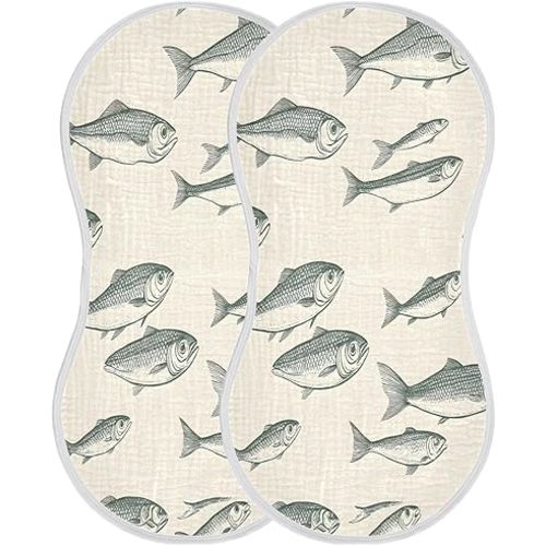 Muslin Baby Burp Cloths Set of 2 -Fish Super Absorbent Cotton Burping Rags Soft Baby Washcloths for Newborn Boys Girls, 11 x 22 Inch