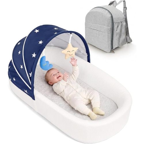 Portable Newborn Nest Lounger with Canopy & Mosquito Net-Lightweight Foldable Newborn Play Support & pad and Washable Cover, Indoor-Outdoor Use(Blue)