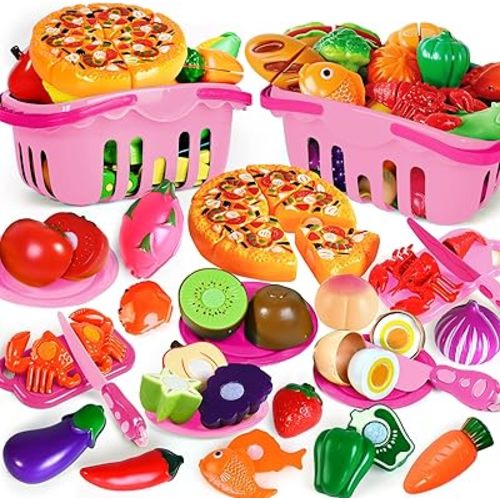 100 Pcs Play Food Set for Kids Kitchen, Pretend Food Toy for Toddlers, Play Kitchen Toys Accessories with 2 Baskets, Cutting Fake Food/Fruit/Vegetable, Christmas Birthday Gifts for Boys and Girls