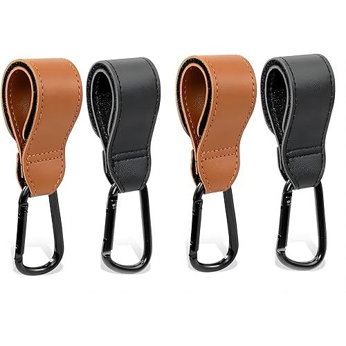4PCS Stroller Hook Accessories, Multipurpose Stroller Bag Hooks, Leather Stroller Clips for Diaper Bags Pet Carts Grocery Shopping Bags(Black and Brown)