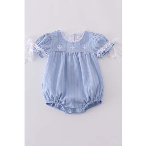 Blue Cross Embroidered Girl Bubble | 100% Cotton