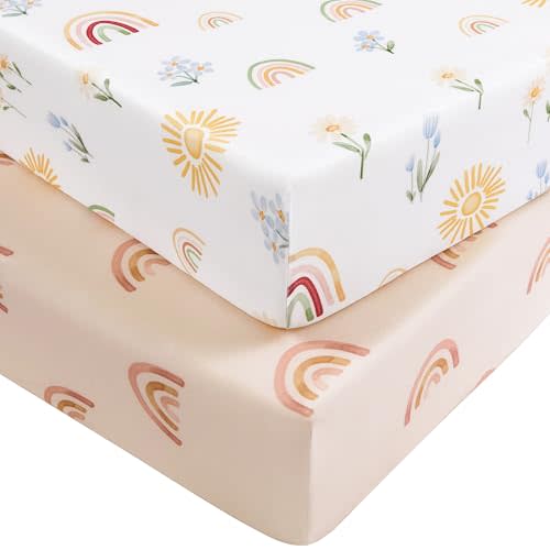 Pack and Play Sheets for Boys Girls, 38" x 26" Mini Crib Sheets Fitted for Pack n Play Mattress, Soft Breathable Playard Sheets, 2-Pack Orange Rainbow