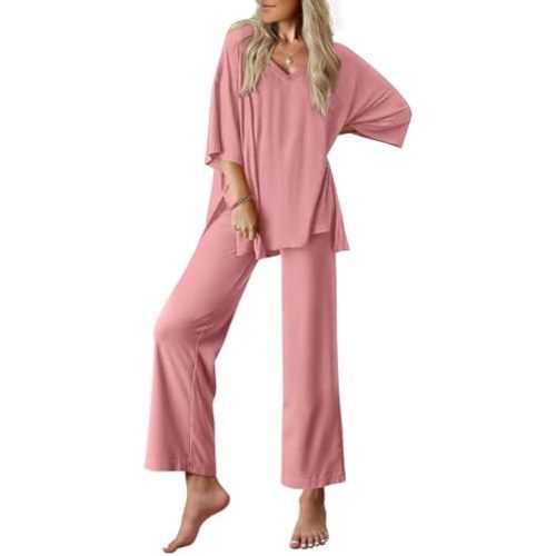 Ekouaer Lounge Sets for Women Pajamas Set Short Sleeve Tops and Long Pants Soft 2 Piece Outfits with Pockets S-XXL
