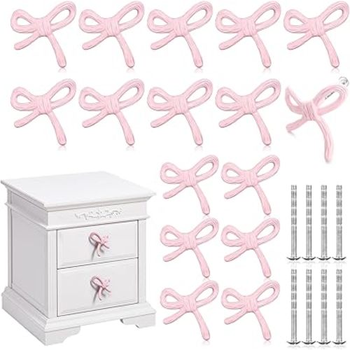 8 Pcs Bow Knobs for Dresser Matel Bow Drawer Knobs Vintage Dresser Handles Cabinet Drawer Pulls for Home Bedroom Kitchen Cabinets Hardware Cupboard (Pink,Classic Style)